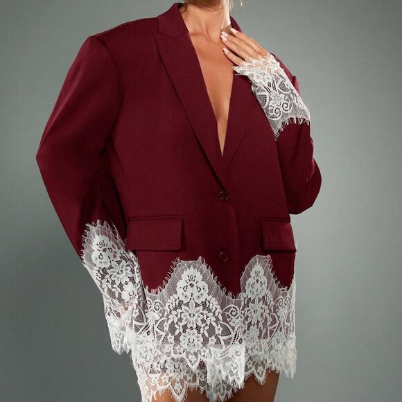 Jackets & Blazers - Burgundy Elegant Women's Boxy Fit Lace Trim Blazer